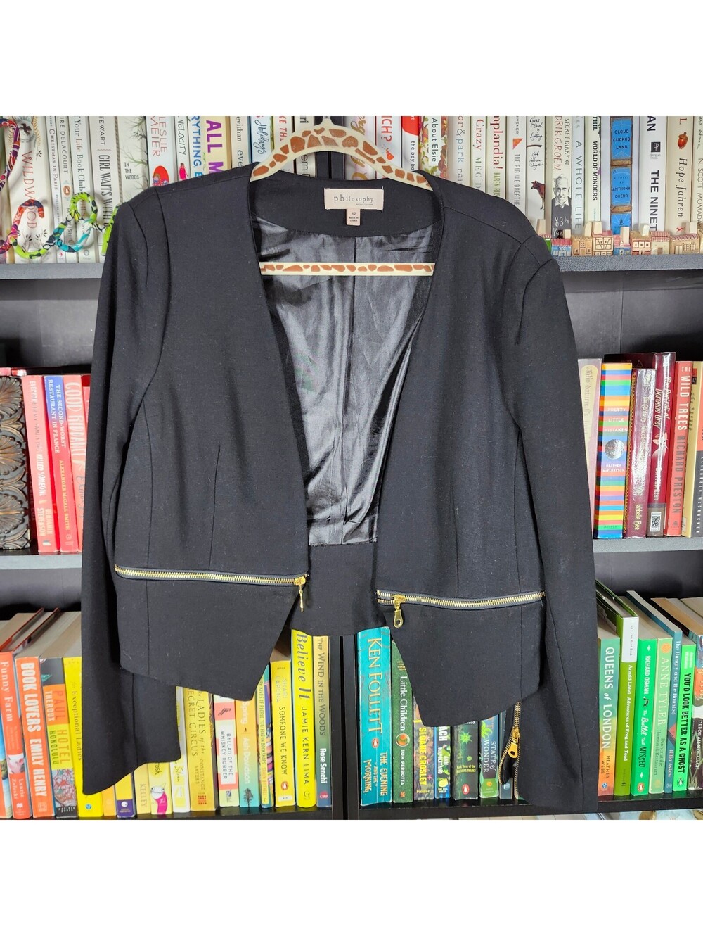 Philosophy Black Open Front Zip Detail Blazer Jacket Women's Size 12